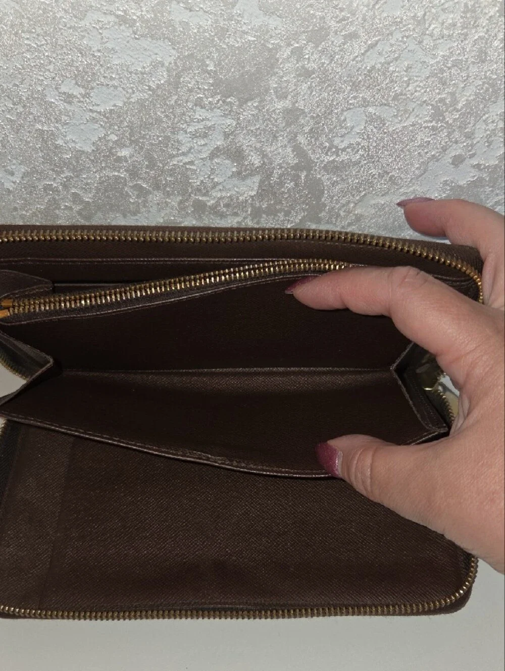 Louis Vuitton Brown Textured Leather Wallet Organazer with Red Logo Stamp